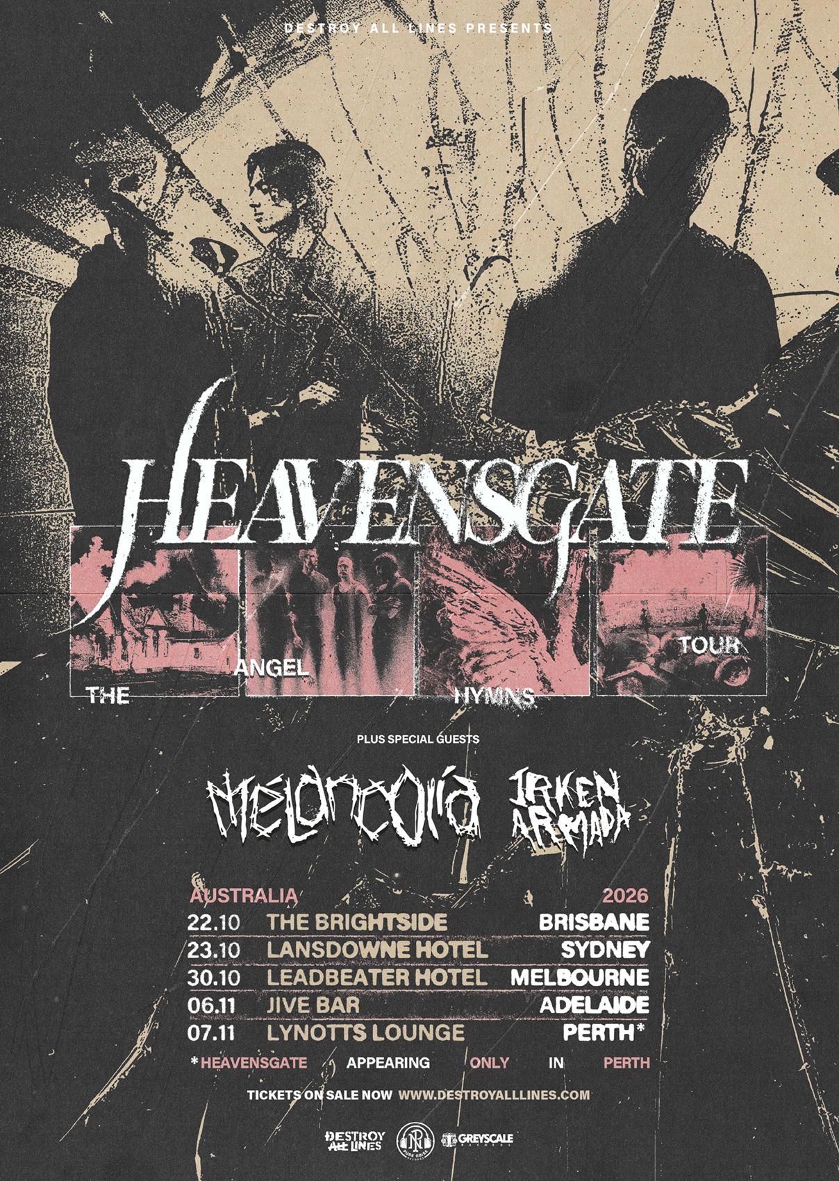 HEAVENSGATE The Angel Hymns Tour 2026 poster with special guests Melancolia and Irken Armada listing Australian concert dates for Oct and Nov.